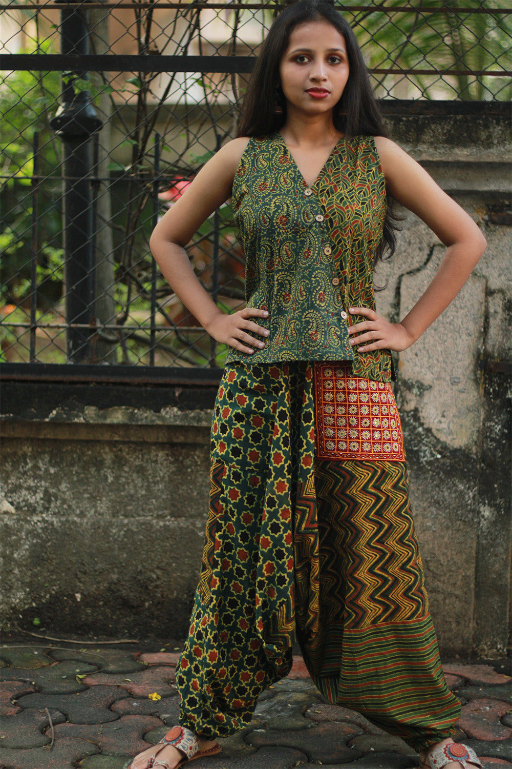 Wayfarer | Drop Crotch Pants | Green Ajrakh Medley