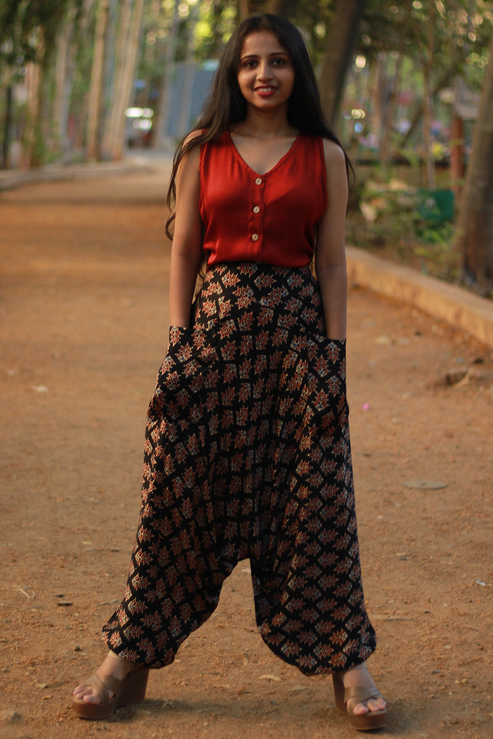Wayfarer | Drop Crotch Pants | Modal Silk | Noir Ajrakh