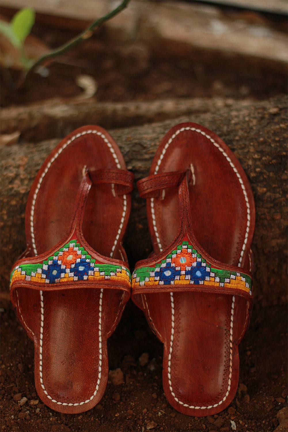Leather Chappal | Mirrorwork | Brown | Size 42