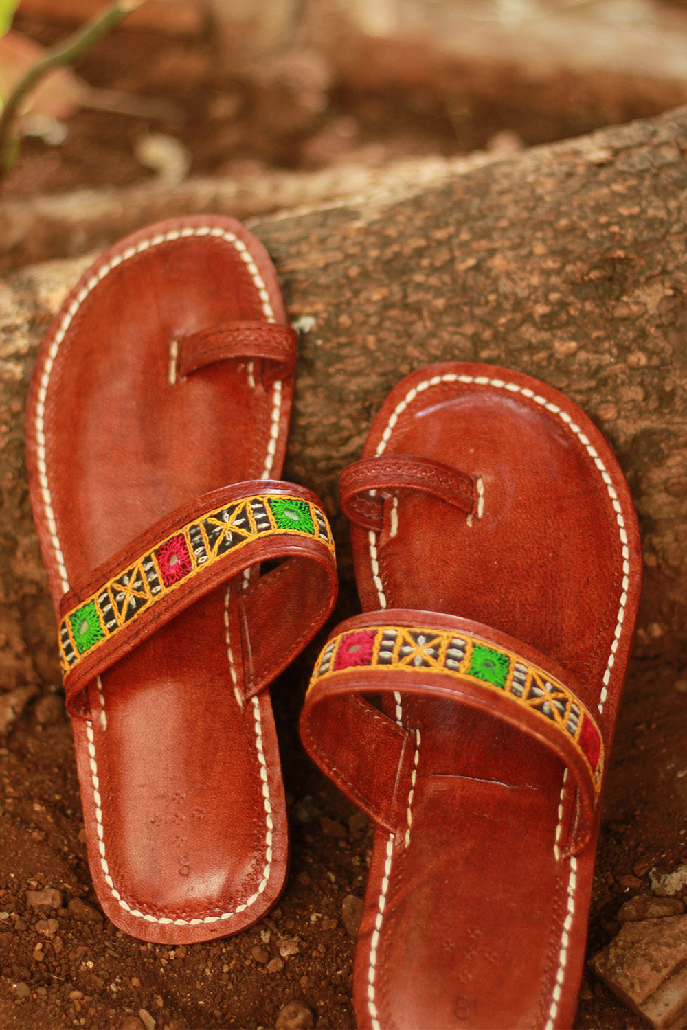 Leather Chappal | Mirrorwork | Brown | Size 42