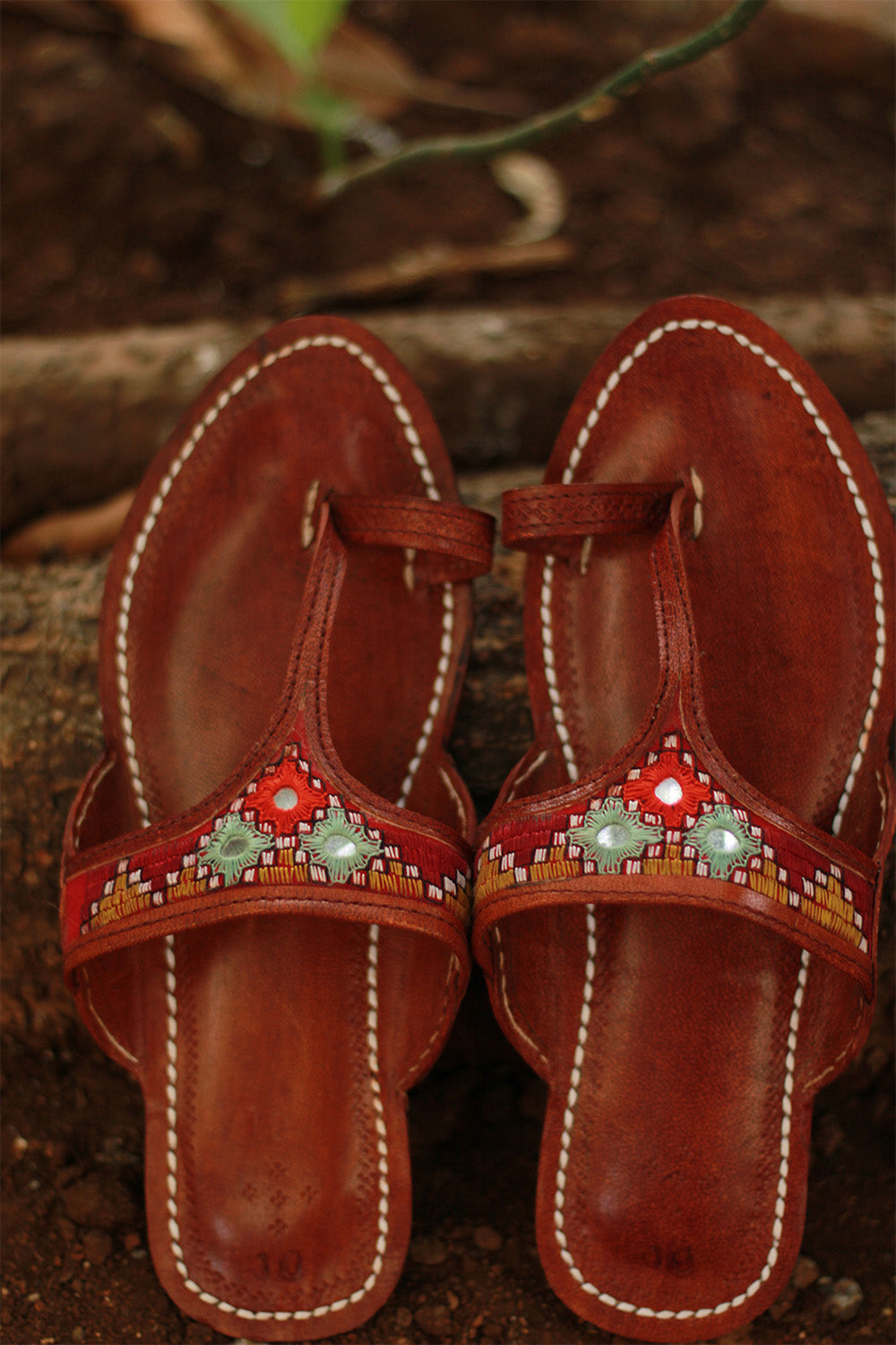 Leather Chappal | Mirrorwork | Brown | Size 45