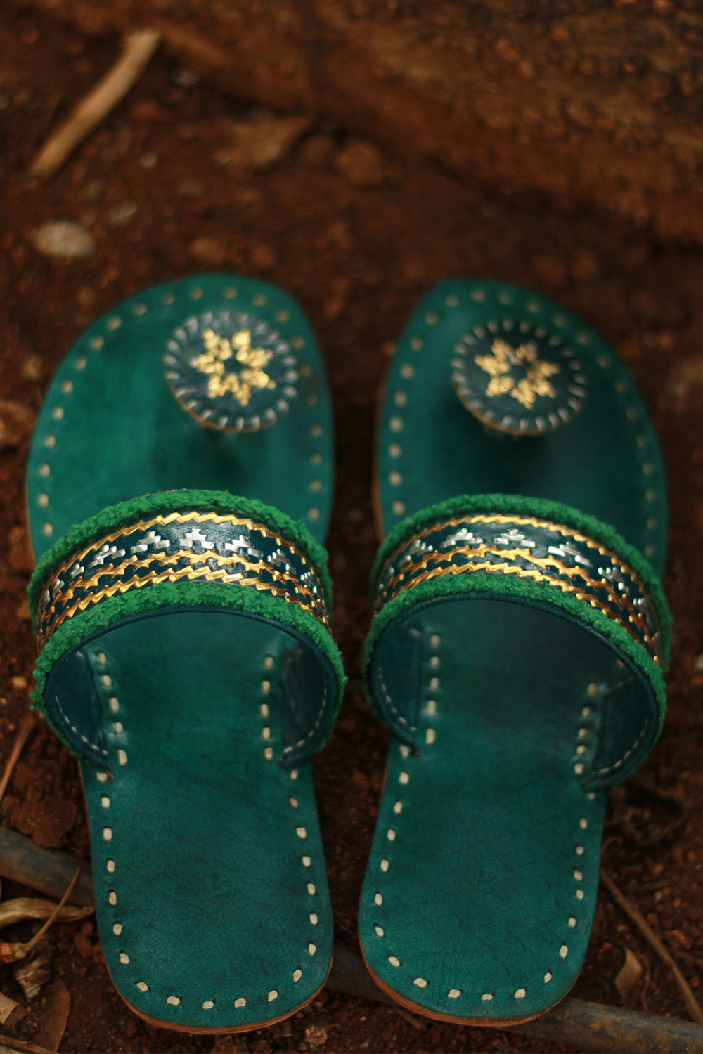 Leather Chappal | Embroidered | Green | Size 39