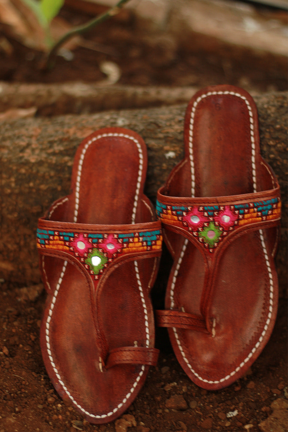 Leather Chappal | Mirrorwork | Brown | Size 43
