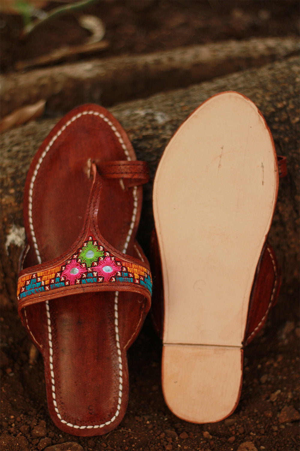 Leather Chappal | Mirrorwork | Brown | Size 43