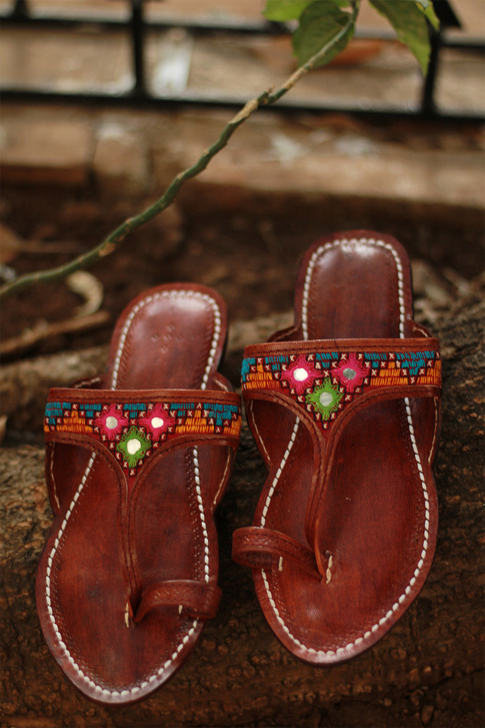 Leather Chappal | Mirrorwork | Brown | Size 43