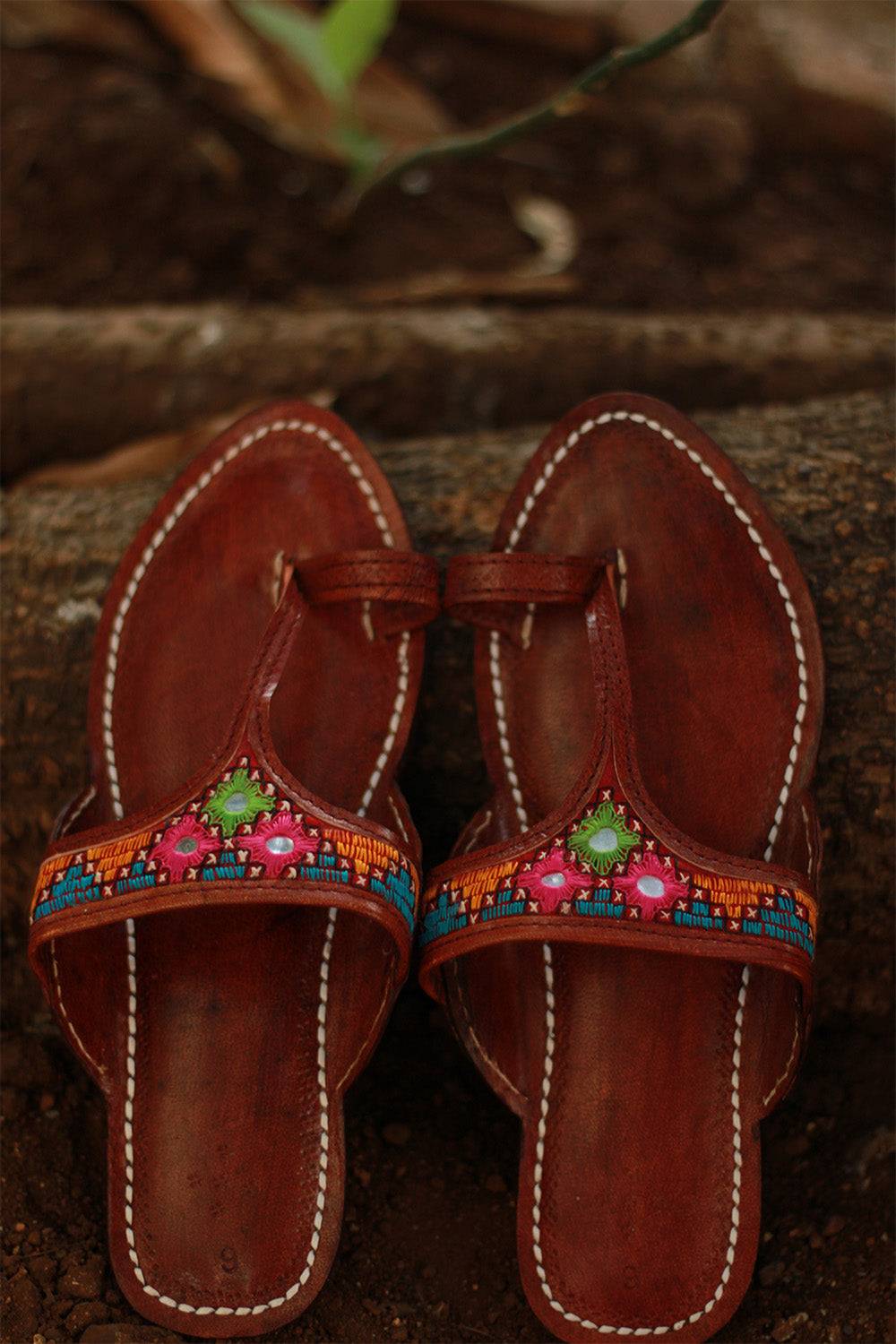 Leather Chappal | Mirrorwork | Brown | Size 43