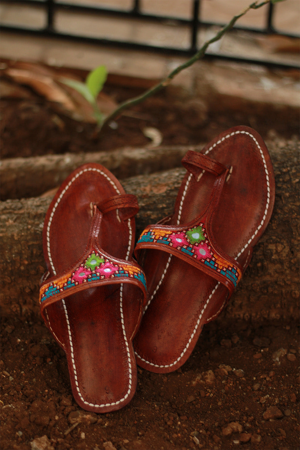 Leather Chappal | Mirrorwork | Brown | Size 43