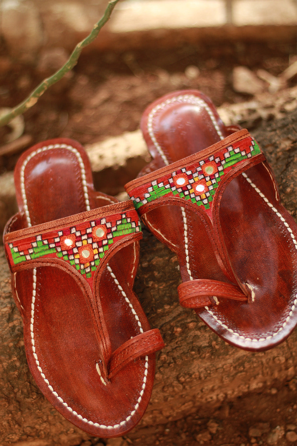Leather Chappal Mirrorwork | Brown | Size 41