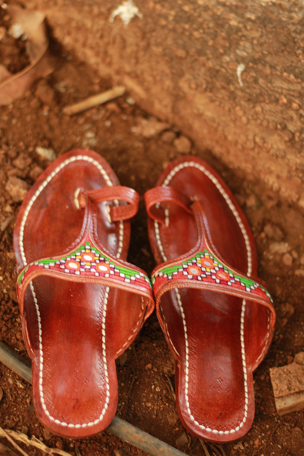 Leather Chappal Mirrorwork | Brown | Size 41