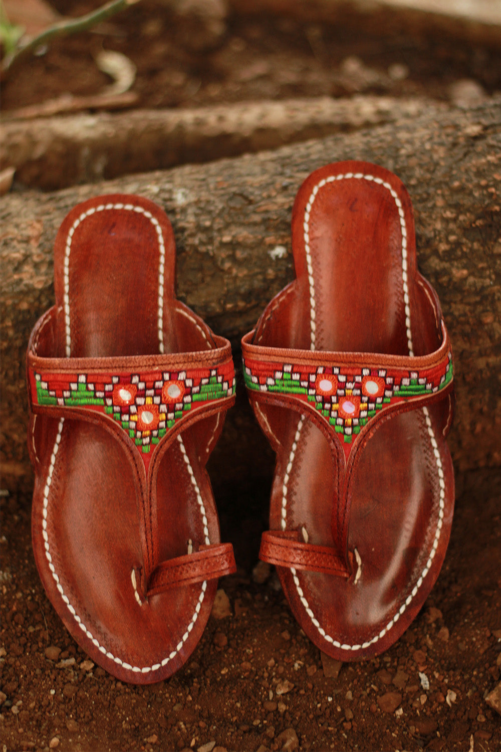 Leather Chappal Mirrorwork | Brown | Size 41