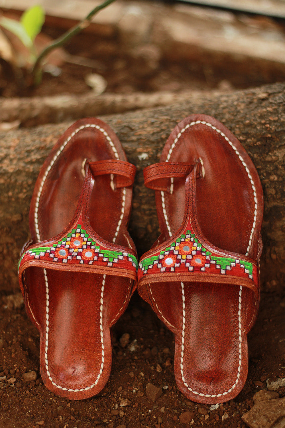 Leather Chappal Mirrorwork | Brown | Size 41