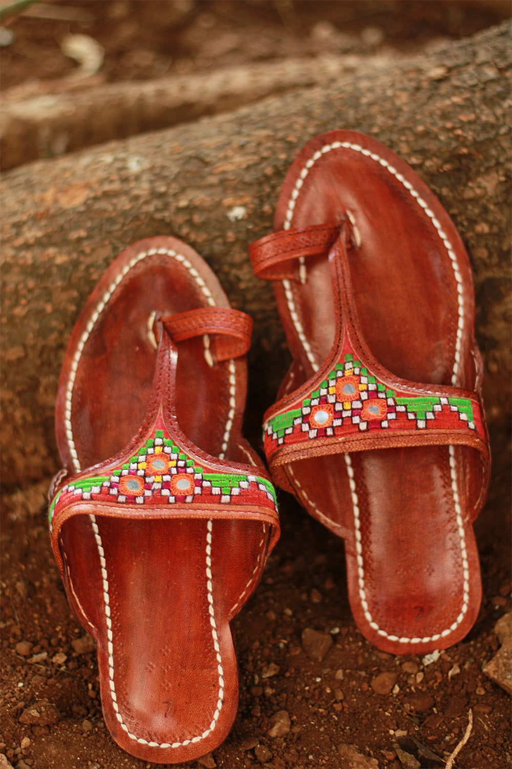 Leather Chappal Mirrorwork | Brown | Size 41