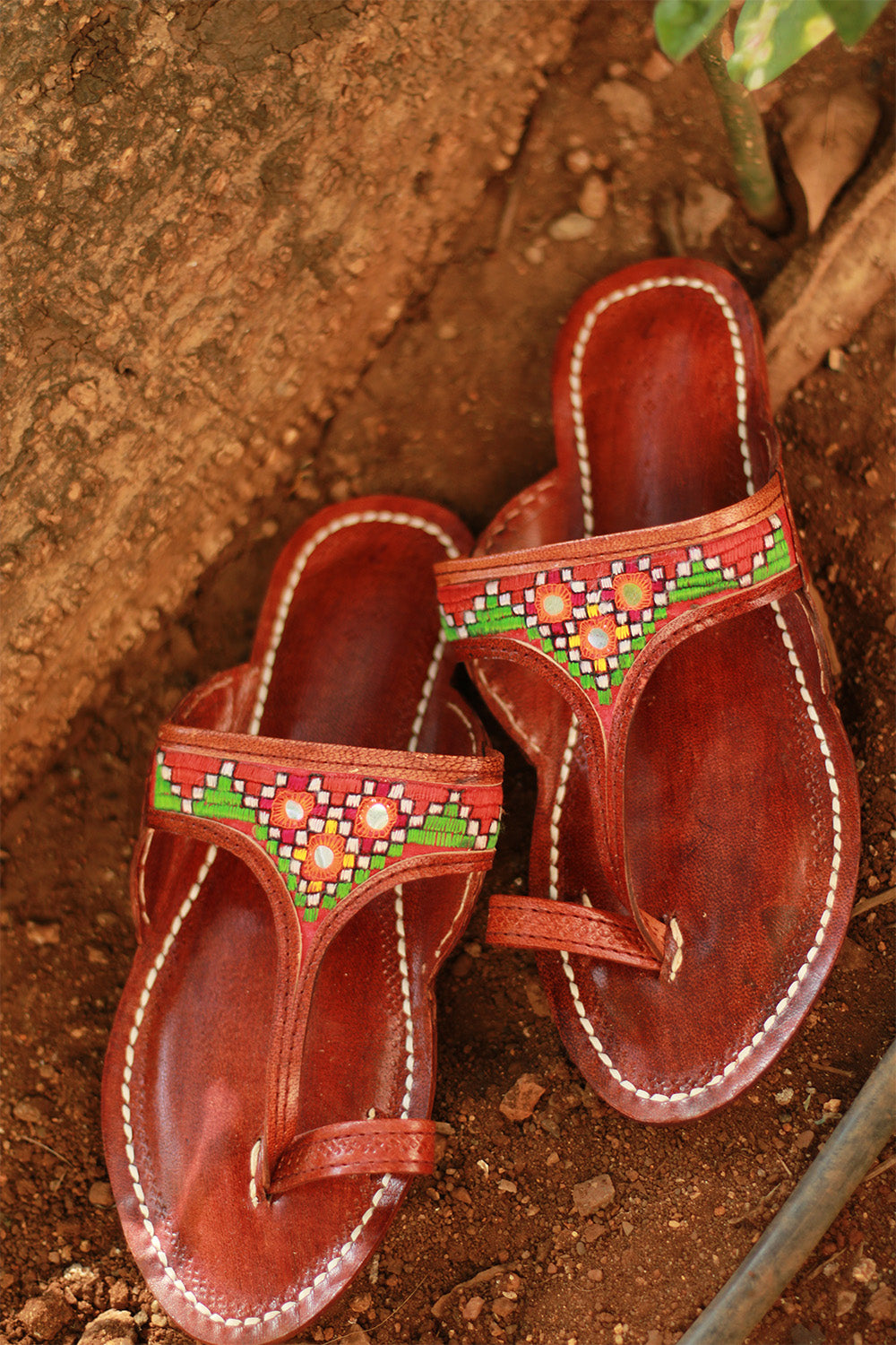 Leather Chappal Mirrorwork | Brown | Size 41