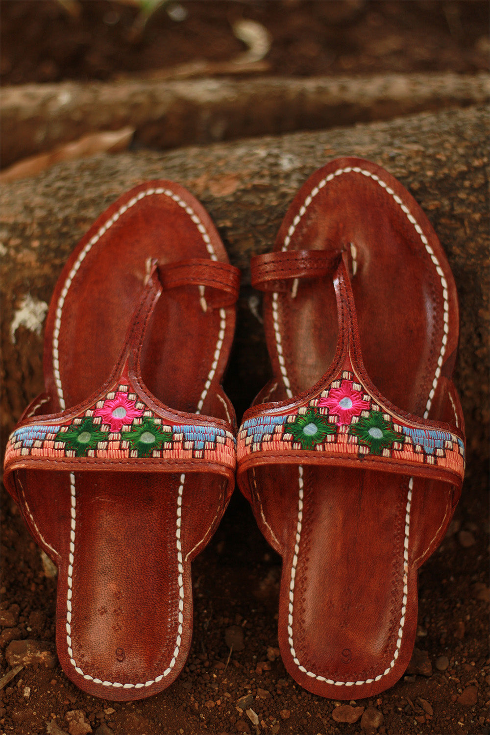 Leather Chappal | Mirrorwork | Brown | Size 43