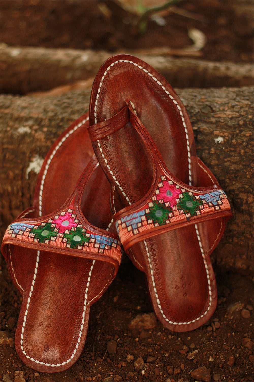 Leather Chappal | Mirrorwork | Brown | Size 43