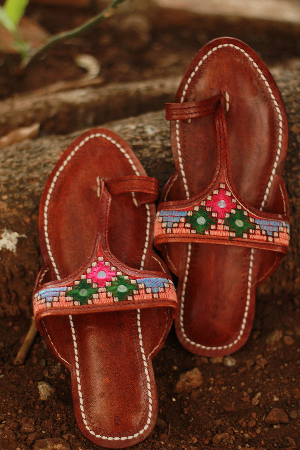 Leather Chappal | Mirrorwork | Brown | Size 43