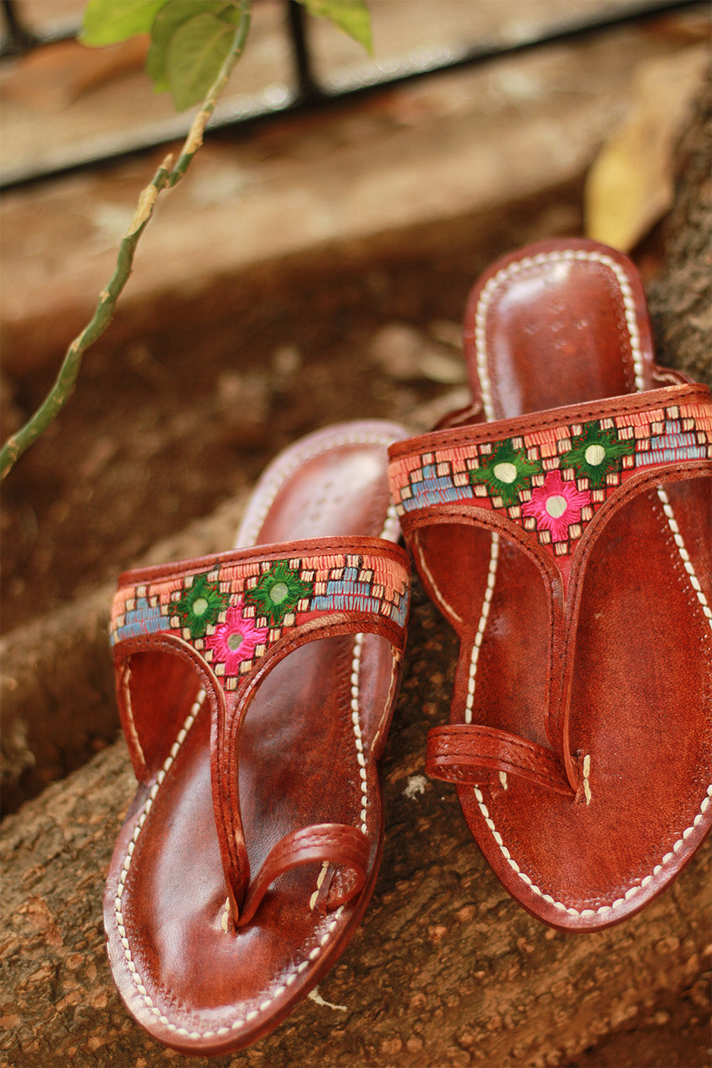 Leather Chappal | Mirrorwork | Brown | Size 43