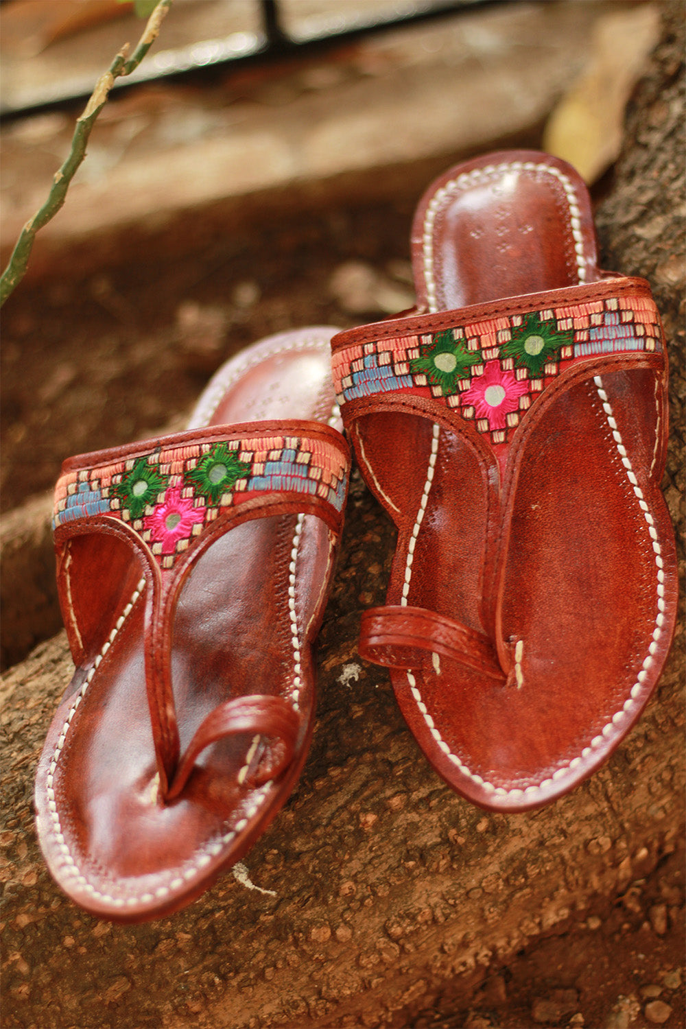 Leather Chappal | Mirrorwork | Brown | Size 43