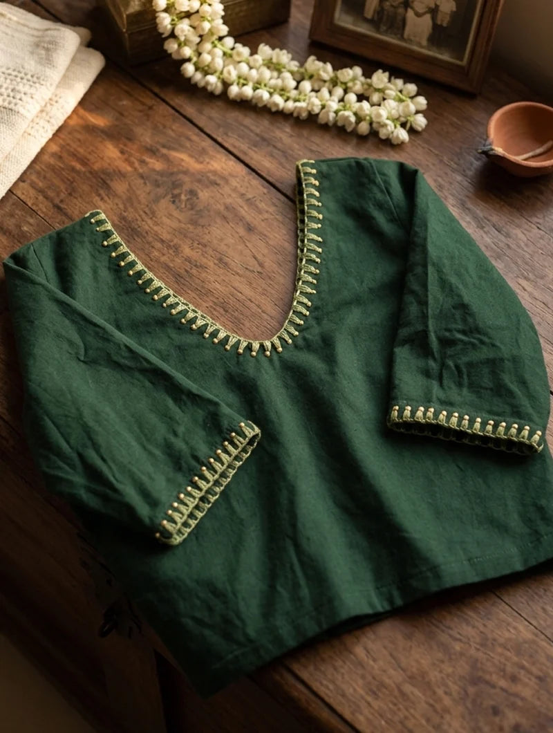 Kirgiti | Stretchable Blouse / Crop Top | Bottle Green with Embroidery