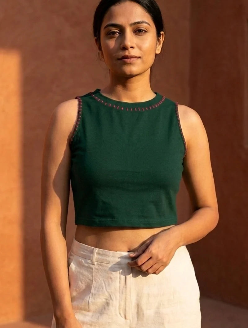 Kirgiti | Stretchable Blouse / Crop Top | Bottle Green with Embroidery