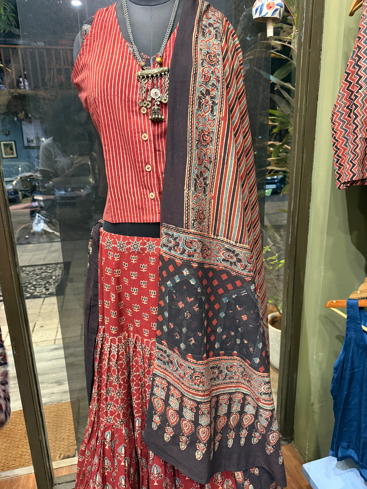 Ajrakh Dupatta | Red & Black Stripes