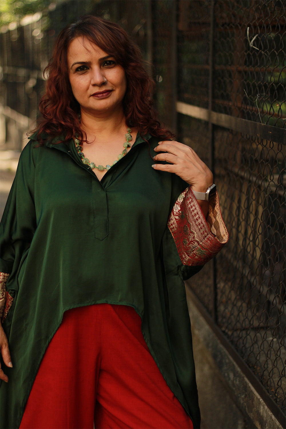Banarasi Taarini | Collared Kaftan Top | Modal Silk | Green