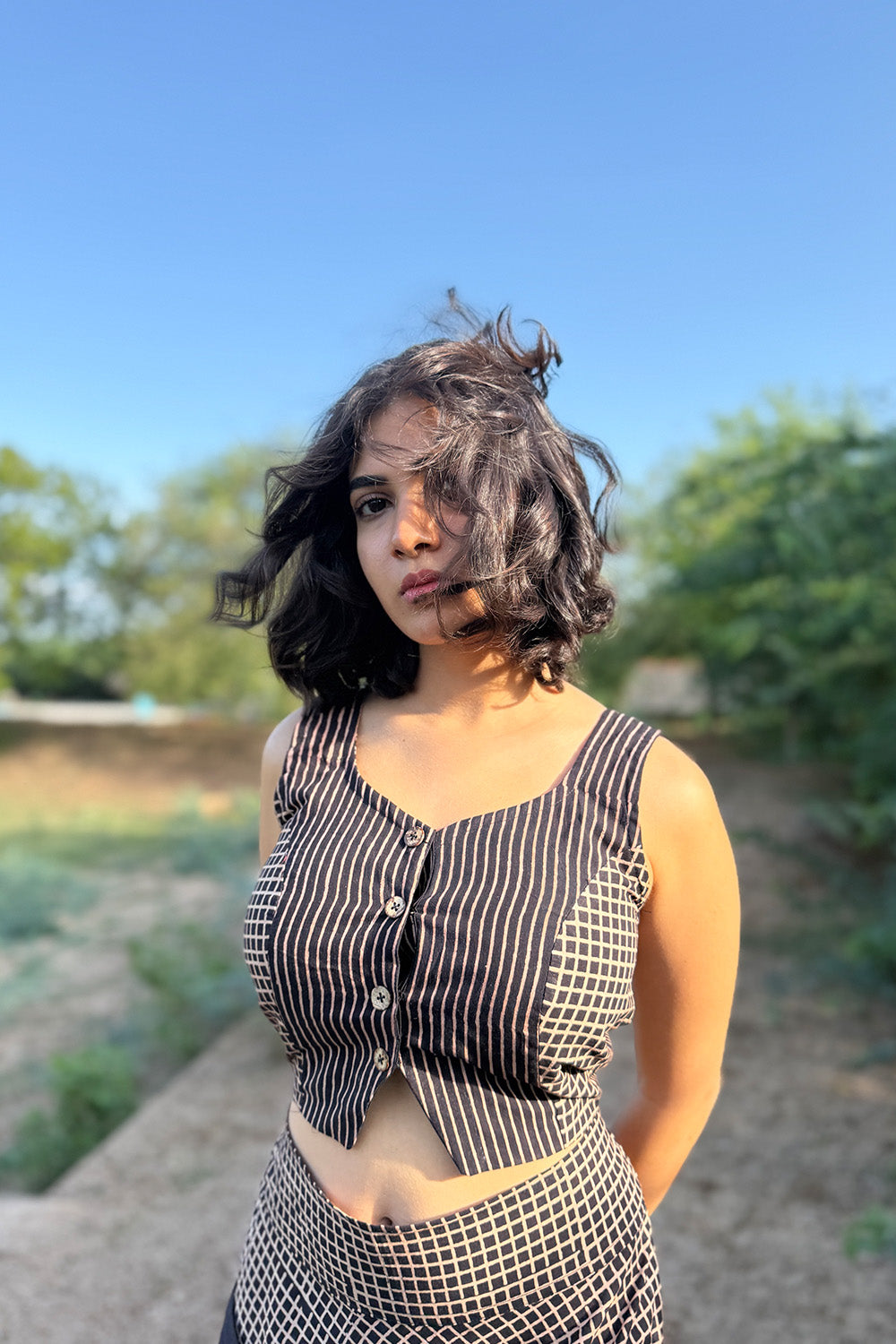 Dhaariyan | Cropped Shirt-Blouse | Ajrakh Noir