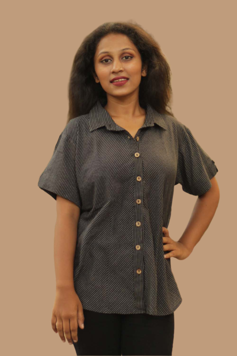 Cotton Shirt in Black Kantha