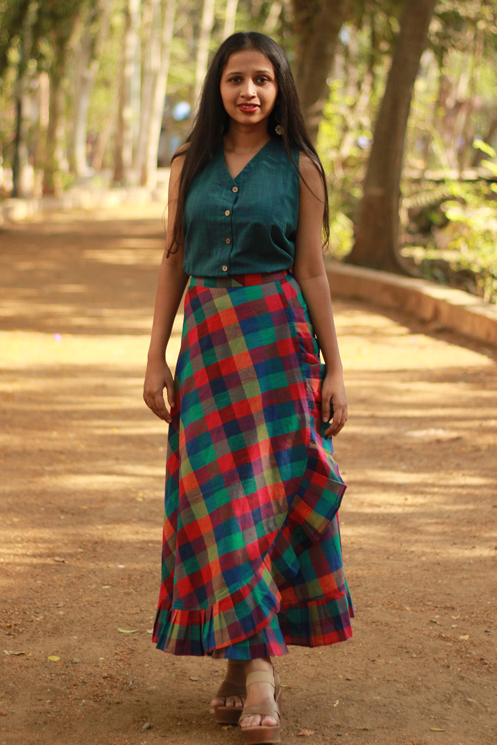 Swara | Wrap Around Frill Skirt | Small Checkered Medley