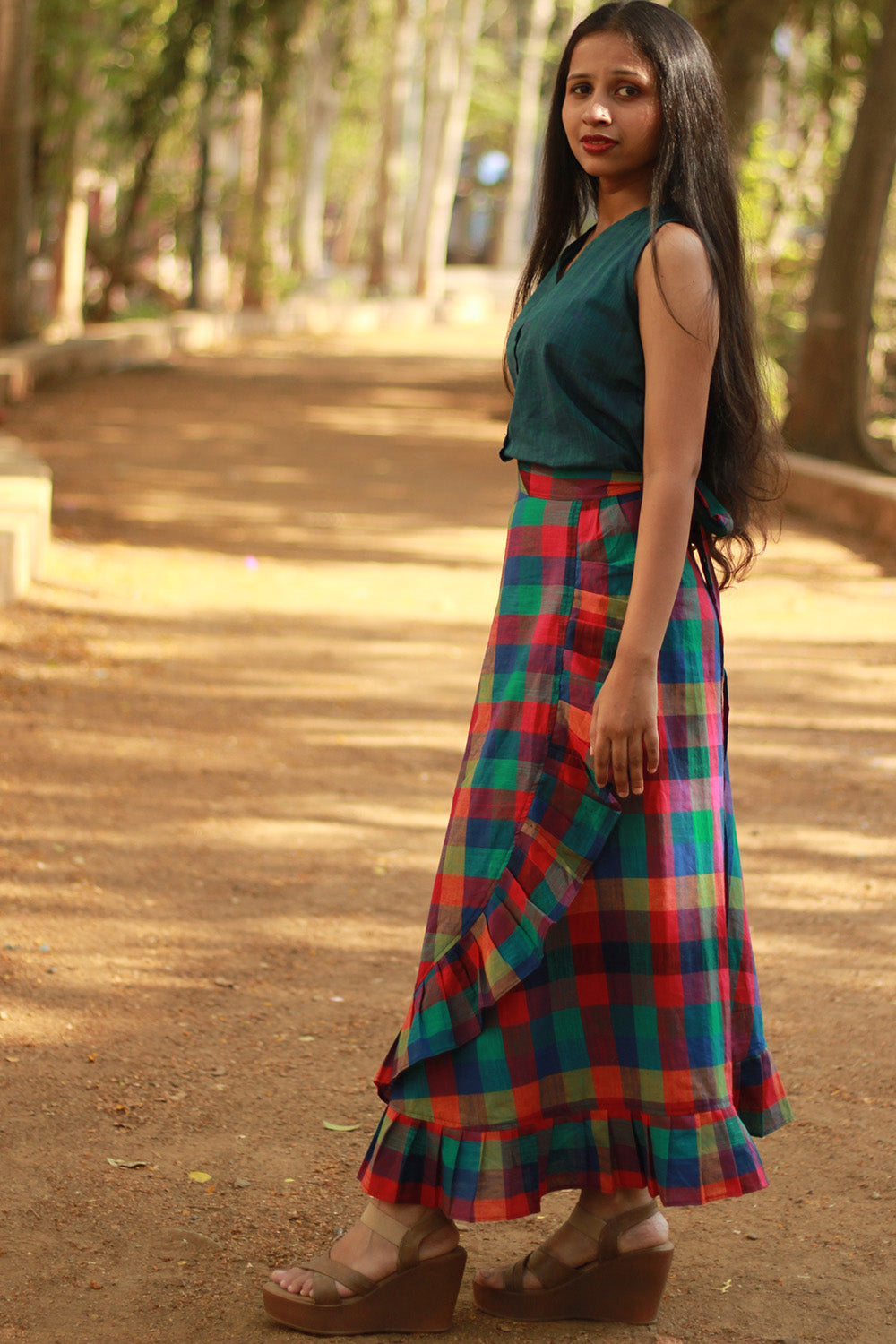Swara | Wrap Around Frill Skirt | Small Checkered Medley