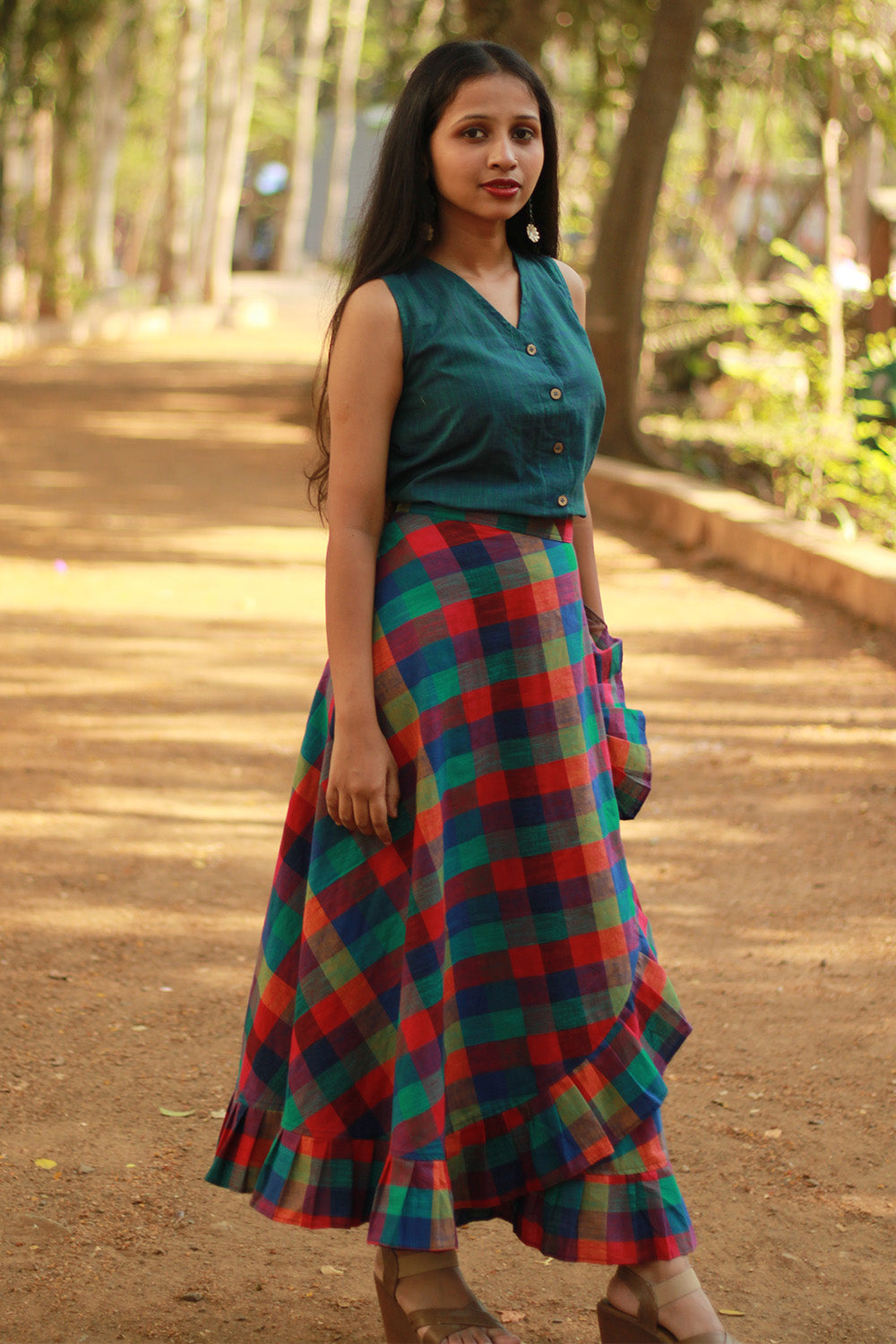 Swara | Wrap Around Frill Skirt | Small Checkered Medley