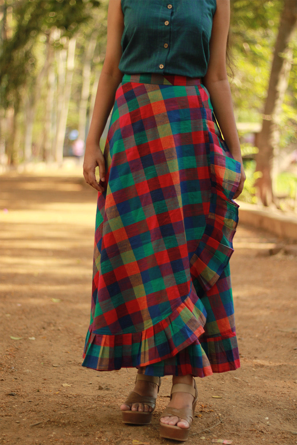 Swara | Wrap Around Frill Skirt | Small Checkered Medley