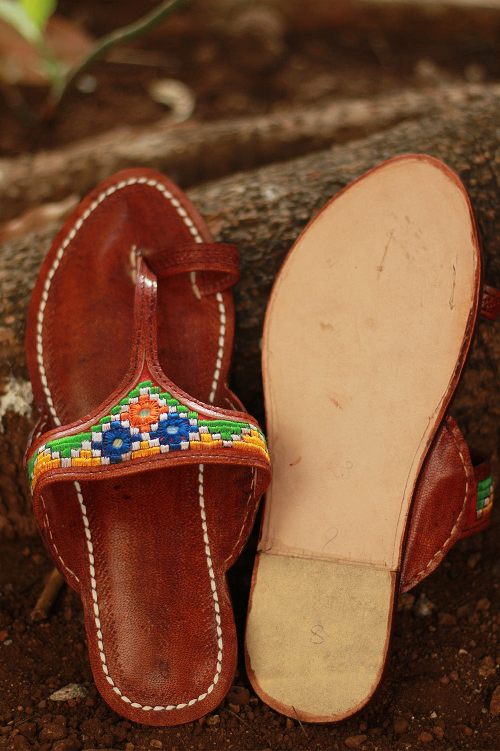 Leather Chappal | Mirrorwork | Brown | Size 42