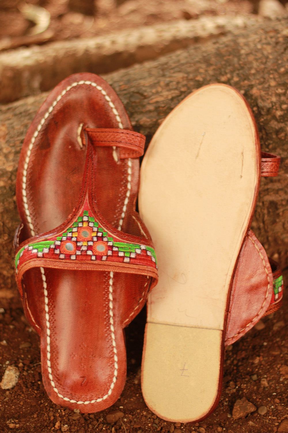 Leather Chappal Mirrorwork | Brown | Size 41