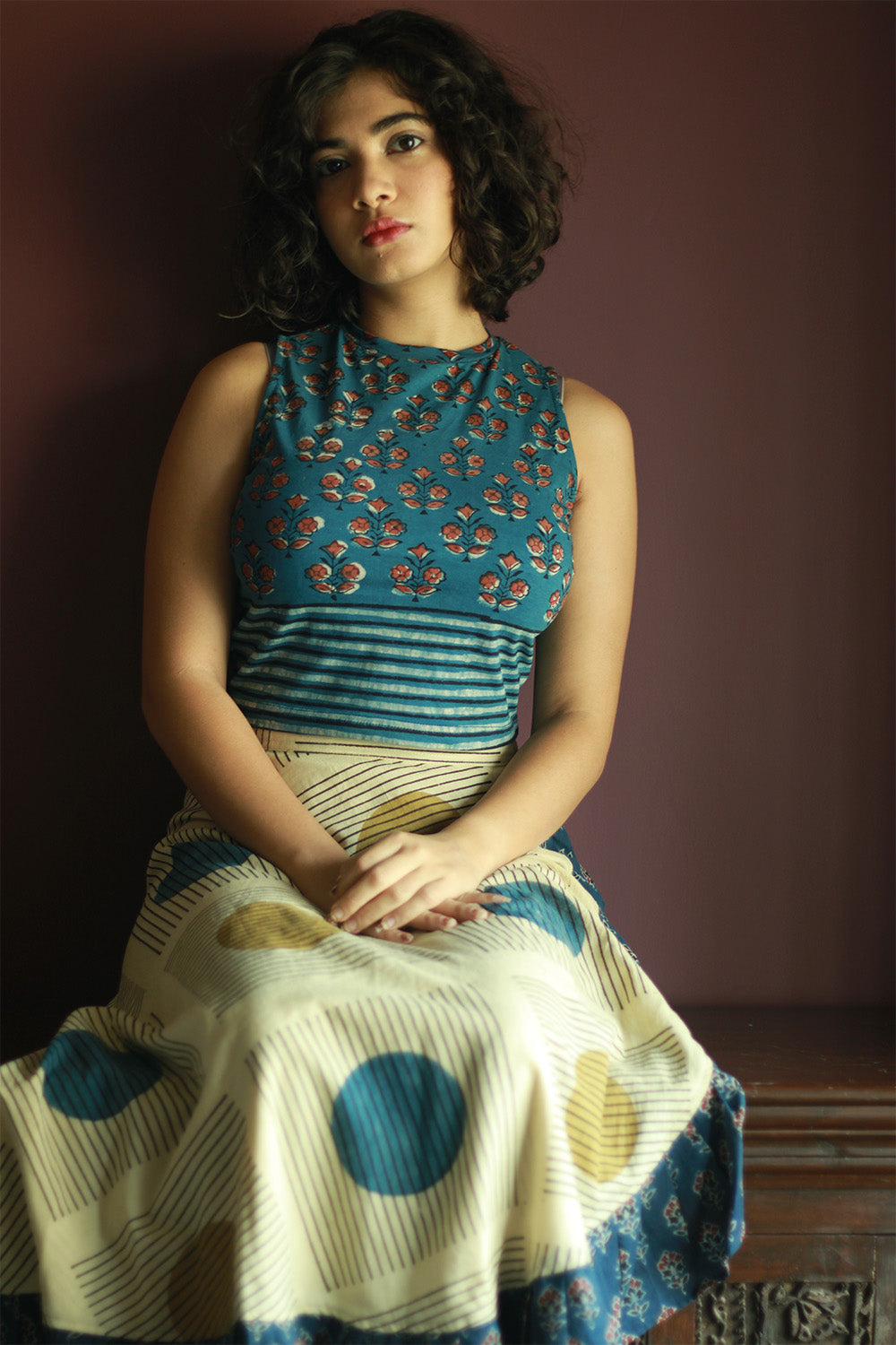 Kirgiti | Stretchable Blouse / Crop Top | High Neck | Indigo Buta and Lined Dabu