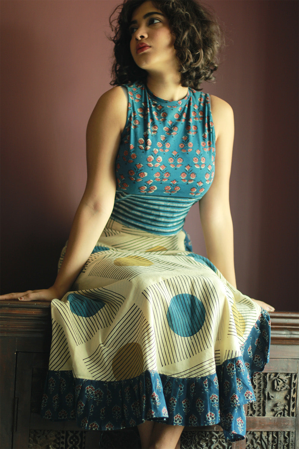 Swara | Wrap Around Frill Skirt | Ivory Ajrakh Geometry