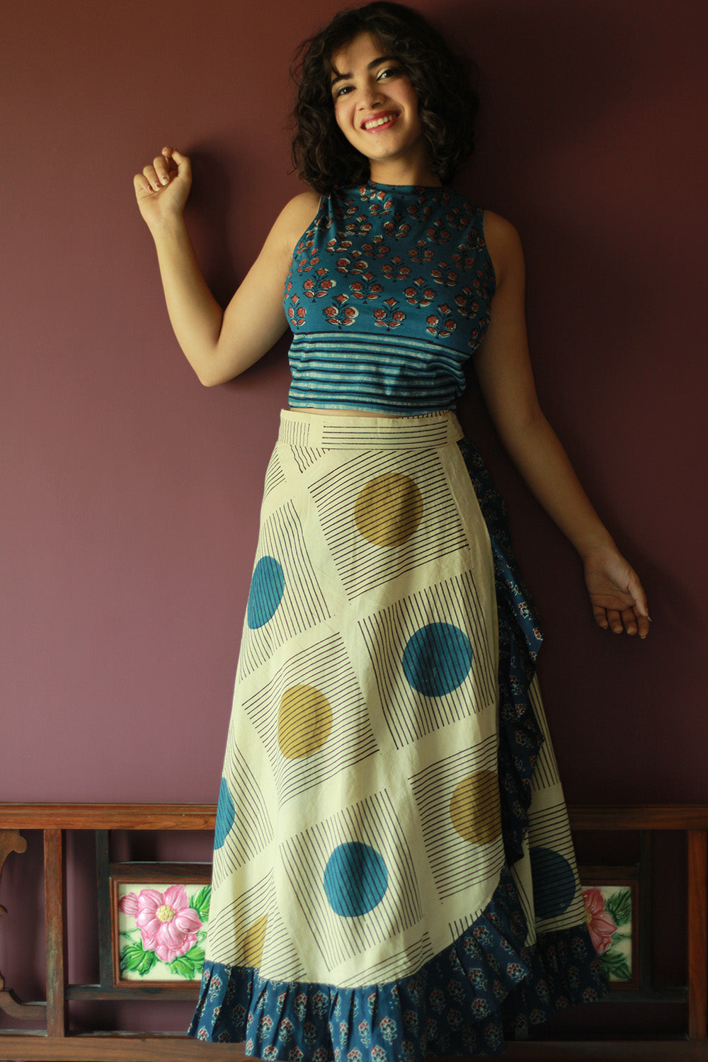 Swara | Wrap Around Frill Skirt | Ivory Ajrakh Geometry