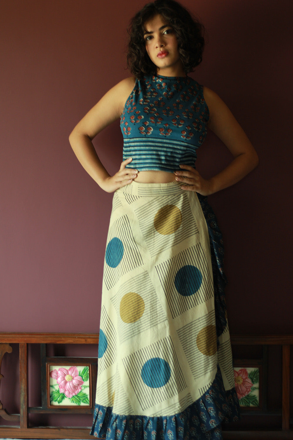 Swara | Wrap Around Frill Skirt | Ivory Ajrakh Geometry