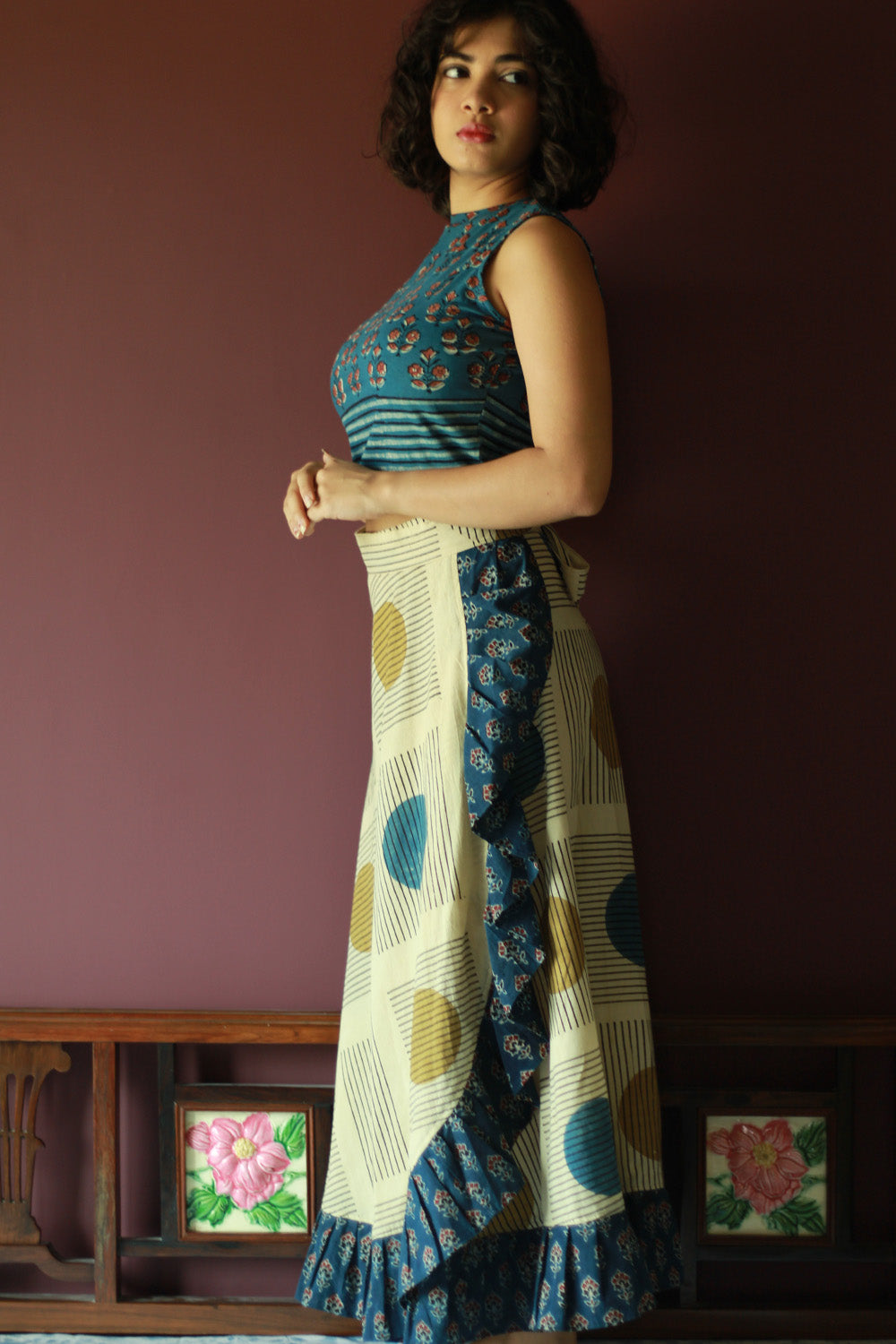 Swara | Wrap Around Frill Skirt | Ivory Ajrakh Geometry