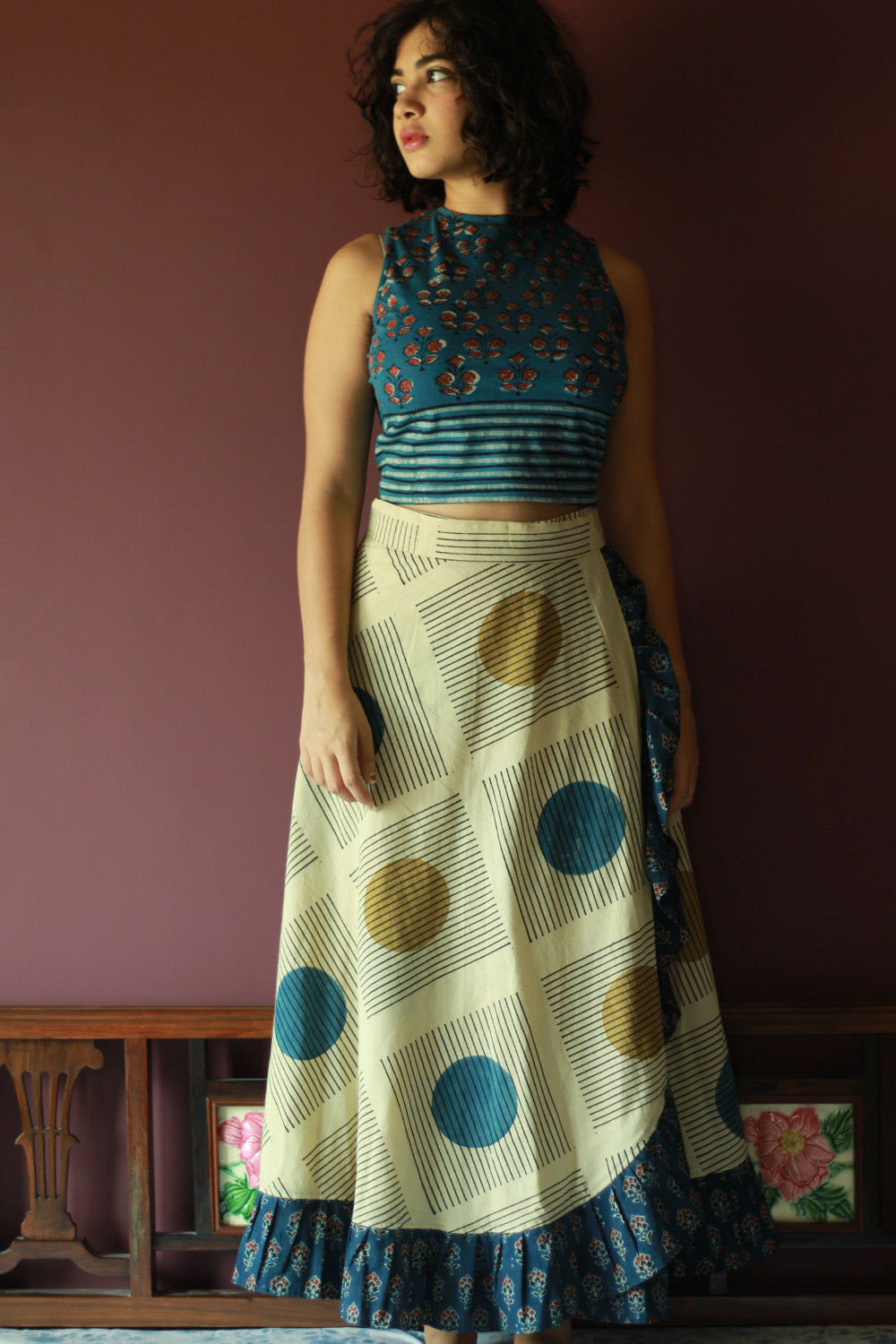 Swara | Wrap Around Frill Skirt | Ivory Ajrakh Geometry