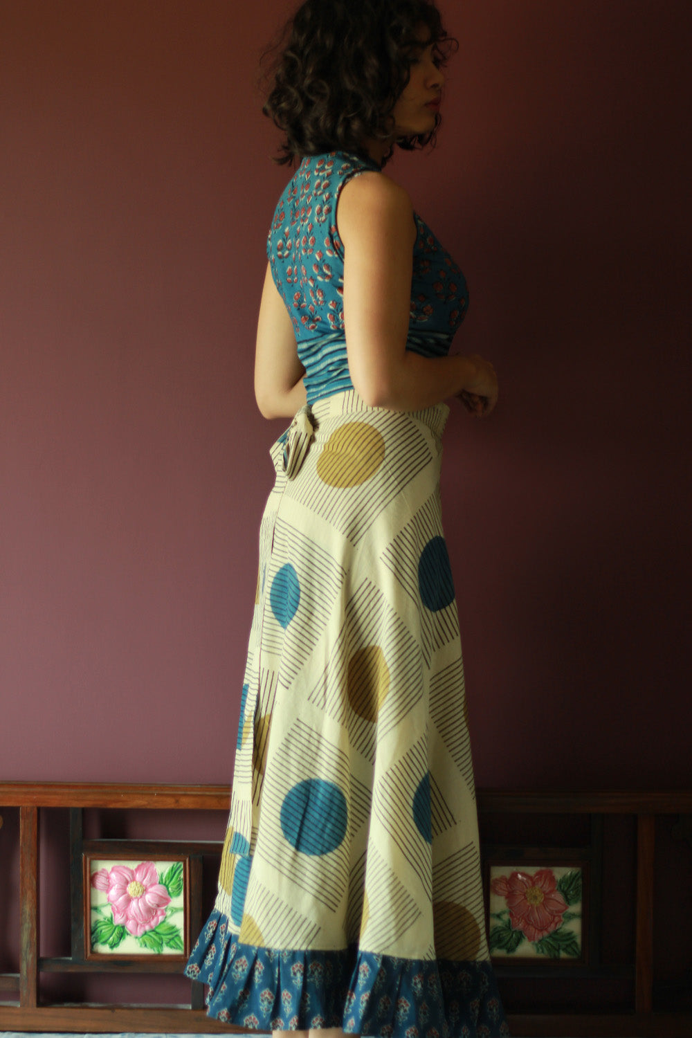 Swara | Wrap Around Frill Skirt | Ivory Ajrakh Geometry