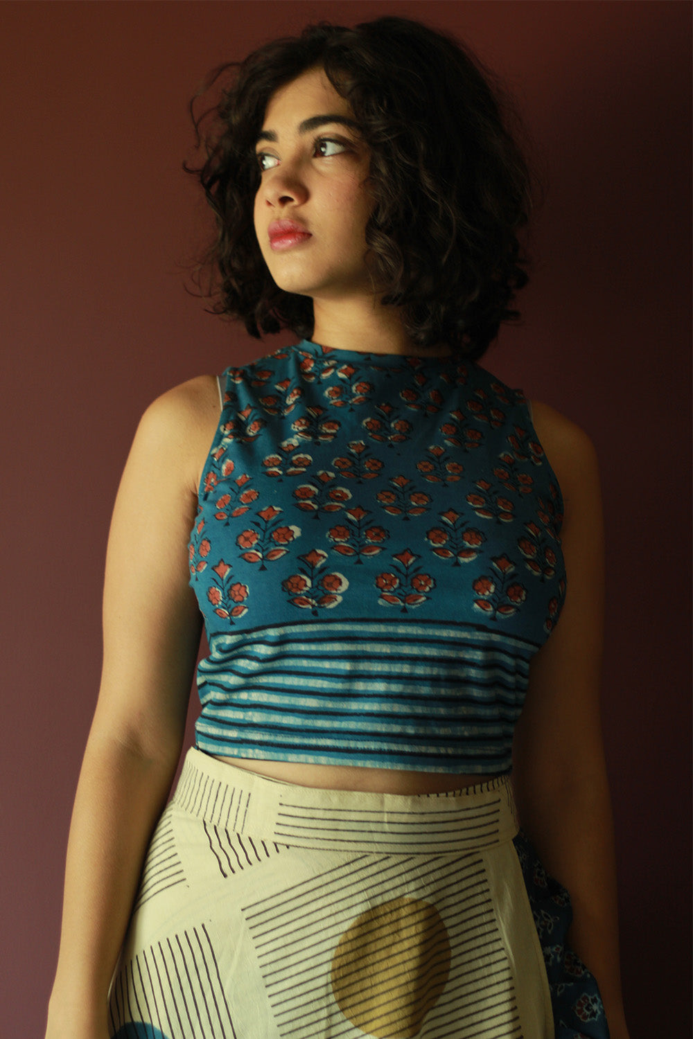 Kirgiti | Stretchable Blouse / Crop Top | High Neck | Indigo Buta and Lined Dabu