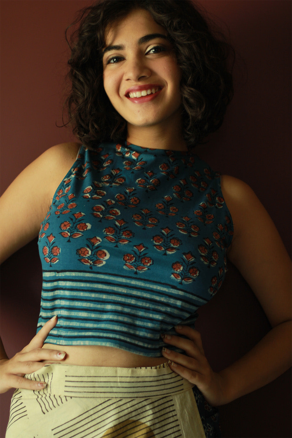 Kirgiti | Stretchable Blouse / Crop Top | High Neck | Indigo Buta and Lined Dabu