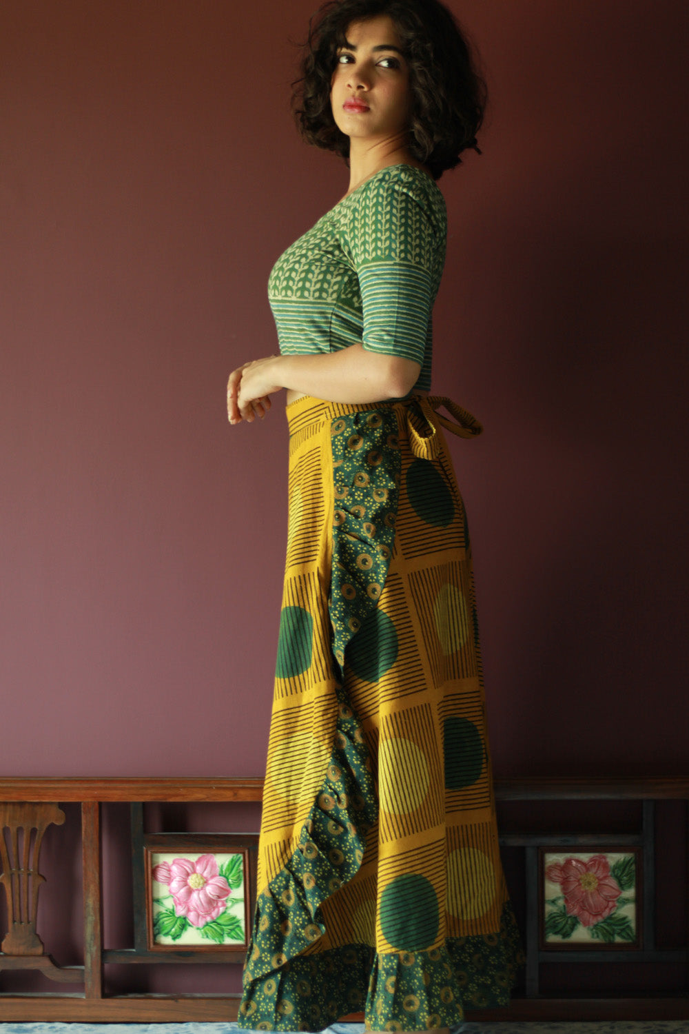 Swara | Wrap Around Frill Skirt | Mustard Ajrakh Geometry