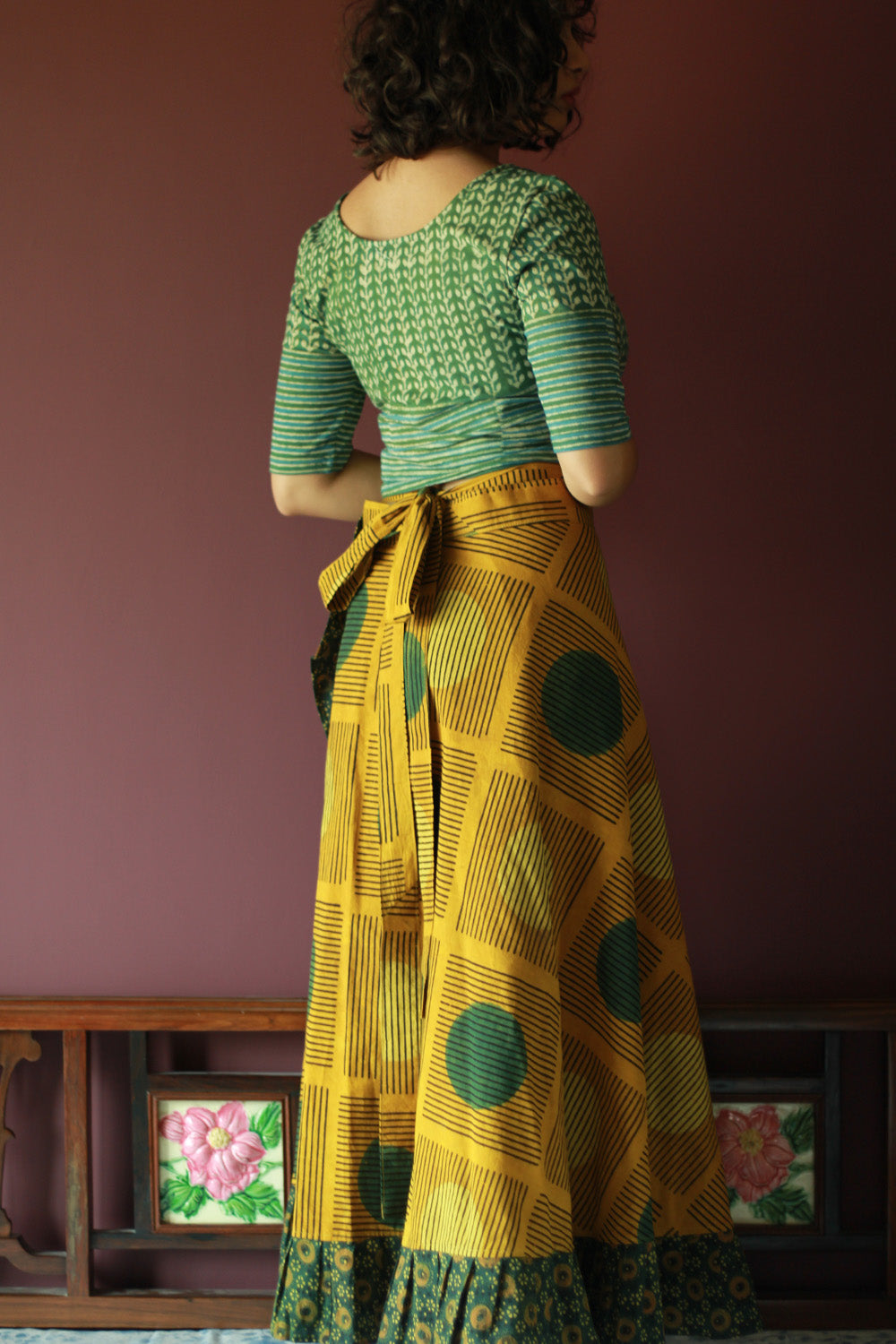 Swara | Wrap Around Frill Skirt | Mustard Ajrakh Geometry
