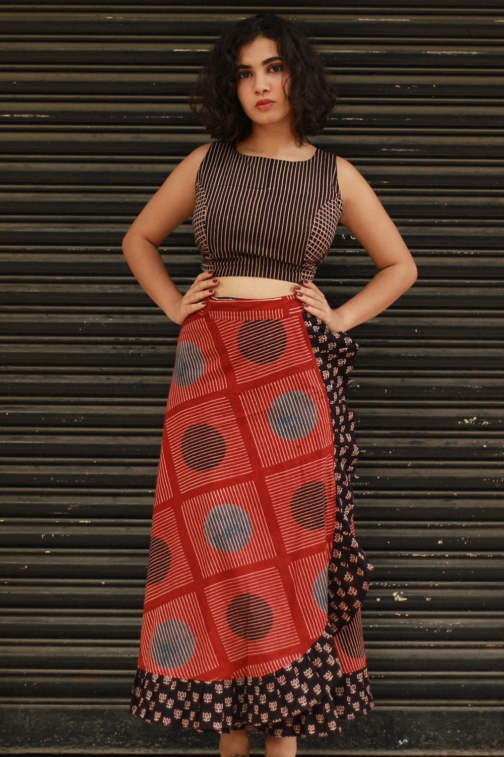 Swara | Wrap Around Frill Skirt | Red Ajrakh Geometry