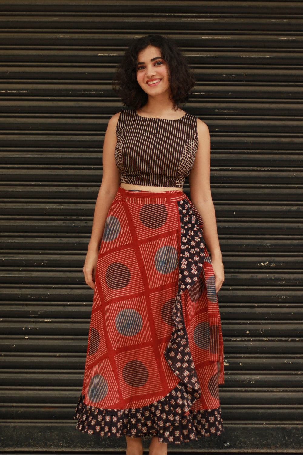 Swara | Wrap Around Frill Skirt | Red Ajrakh Geometry