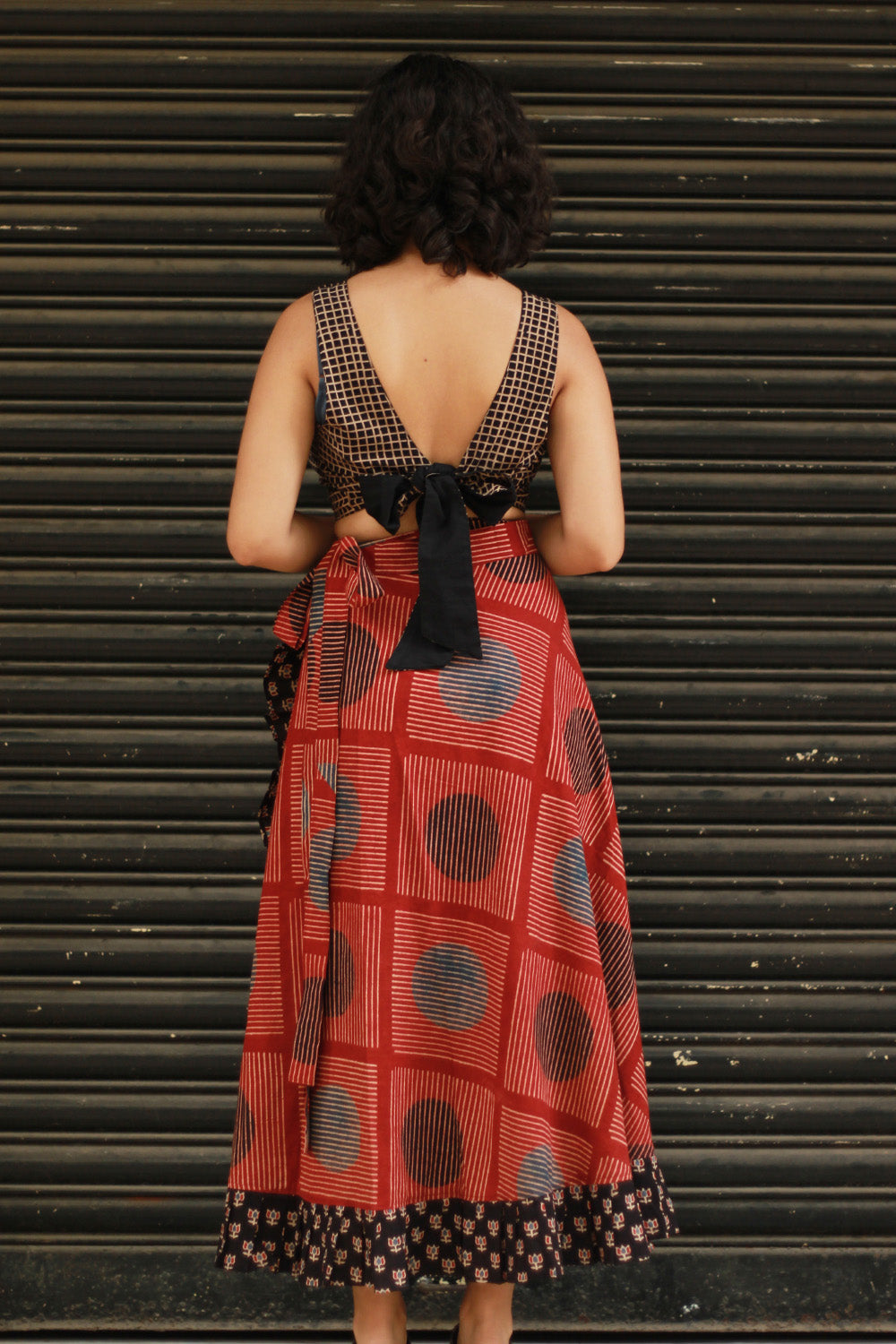 Swara | Wrap Around Frill Skirt | Red Ajrakh Geometry