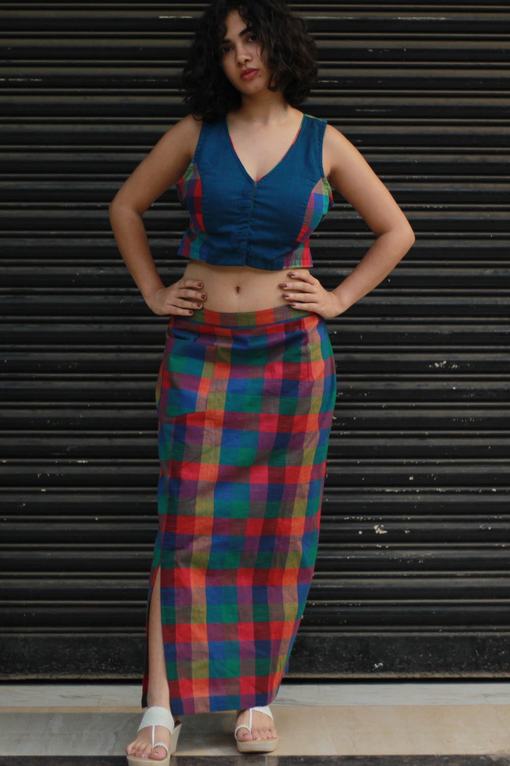 Meena | Mirrorwork Straight Skirt | Small Madras Checks