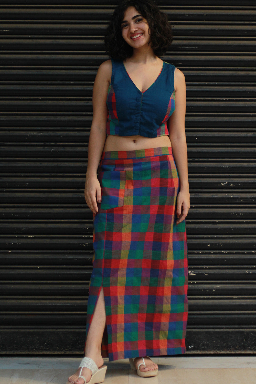 Meena | Mirrorwork Straight Skirt | Small Madras Checks